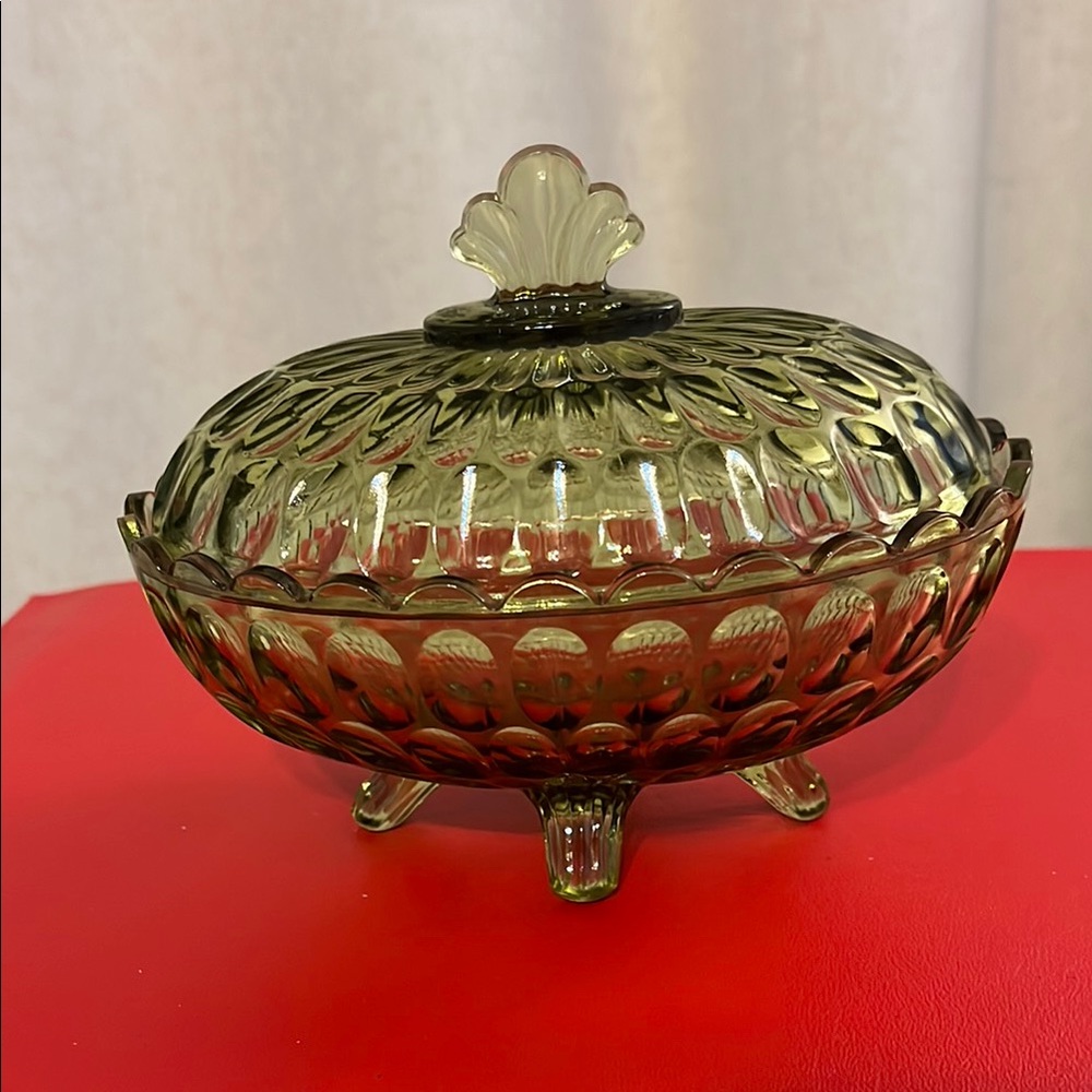 Vintage Thumbprint Colonial Green Oval Candy Dish with Lid by Fenton